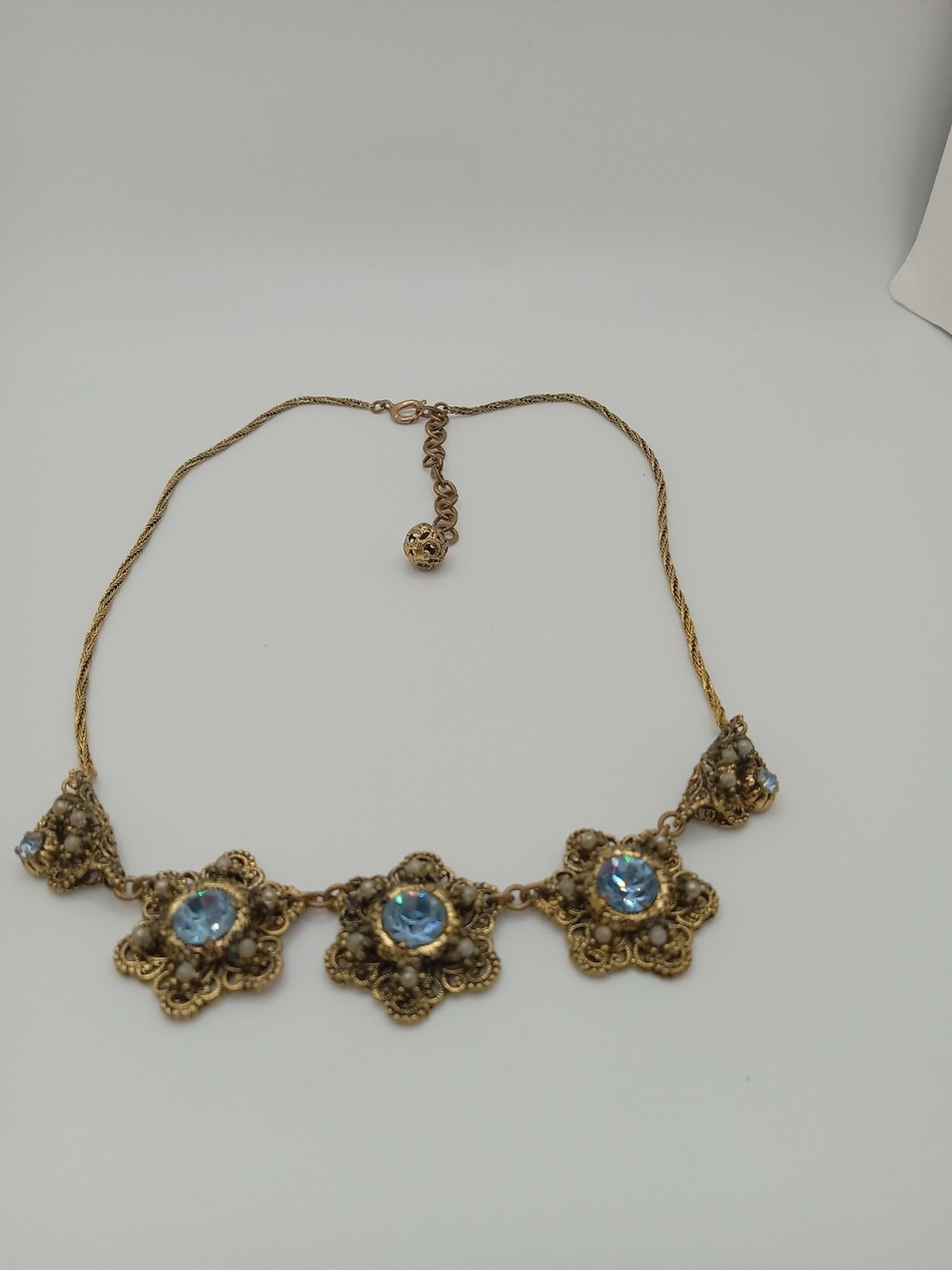 Vintage Style Gold Tone Filigree Necklace Blue Rhinestone Faux Pearl Floral
